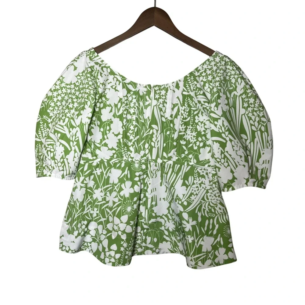 Tuckernuck Women's Nealy Corset Top Green Garden Floral Puff Sleeve Blouse Small